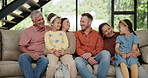 Grandparents, mom and dad with children in living room, happy and excited for family picture on couch. People, men and women with adorable kids on sofa for relax, bonding and enjoy together in house