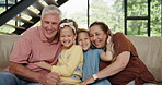 Grandparents, children and happy in lounge, laugh and excited for family picture on couch. People, grandmother and grandfather with young girls on sofa to relax, bonding and hugging together in house