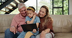 Child, grandparents or tablet as app, gaming or technology as mobile, learning or fun on sofa. Grandpa, grandma or girl at touch screen to play, browse or show in elearning, bonding or together