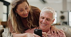 Home, old couple and smartphone with typing, help and conversation with social media and connection. Apartment, senior man and mature woman with cellphone and mobile user with internet or digital app