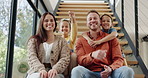 Face, house keys and happy family hug on stairs with love, security or investment success in new home. Real estate, mortgage or portrait of excited kids with parents in property, rental or relocation