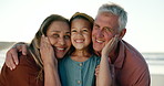 Love, face and girl with grandparents at a beach for travel, bonding or having fun on vacation together. Happy, portrait and senior people hug child in nature for holiday, reunion or weekend visit