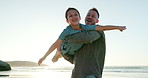 Laugh, airplane and girl on beach with father for summer vacation in Mexico, fun and freedom in nature. Parent, daughter and travel for ocean holiday, adventure and love with happiness and bonding.