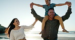 Family, summer and smile with shoulder carry, ocean and adventure for cape town holiday. Parents, children and support for travel, memories and love for bonding together on vacation at beach to relax