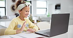 Happy girl, waving and video call with laptop for elearning, virtual classroom or education at home. Little child, kid or young student with smile or hello in online class or learning at the house