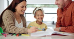 Girl, child and parents or writing with learning on kitchen counter for education, homework and knowledge. Family, mother or father with kid for homeschooling, support or happy for studying by table
