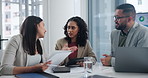 Business people, documents and meeting with tablet for collaboration or planning at the office. Group of employees in team discussion with paperwork or technology for brainstorming ideas at workplace