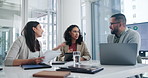 Business people, paperwork and meeting with tablet in discussion for collaboration or planning at office. Group of employees or team with documents and technology for brainstorming ideas at workplace