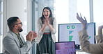 Business people, teamwork and applause in meeting for data analytics success, team building or celebration. Collaboration, woman and employees in boardroom with graph or statistics target achievement