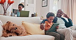 Happy father, tablet and kid in home for learning, online education or reading on internet with dog. African child, dad and tech on sofa in living room to relax or bonding together with family pet