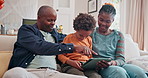 Living room, smile and black man with tablet, son and parents relax on sofa of house with app. Happiness, mother and father with technology for education of boy with videos from internet online