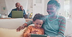 Happy mother, tablet and black kid in home with family for learning, online education or scroll on internet. African child, mom and tech on sofa to relax, bonding and parents together on lens flare