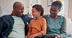 Living room, smile and black family with tablet, son and parents relax on sofa of house with app. Happiness, mother and father with technology for learning of boy with videos from internet online