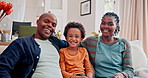 Happy, portrait and black family on sofa in home to relax on vacation of holiday together in South Africa. Parents, hug and smile with child on couch in lounge on weekend for bonding and break