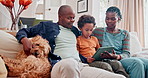 Parents, child and tablet on couch for relax streaming entertainment with dog for media weekend, movie or internet. Black family, son and watching on sofa with subscription together, resting or home