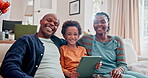 Parents, child and face with tablet on couch for online streaming entertainment for relax weekend, movie or internet. Black family, son and sofa with subscription together for games, resting or home