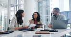 Business people, paperwork and meeting with tablet for collaboration or planning at the office. Group of employees in team discussion with documents or technology for brainstorming ideas at workplace