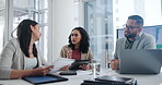 Business people, documents and meeting with tablet in discussion for collaboration or planning at office. Group of employees or team with paperwork and technology for brainstorming ideas at workplace