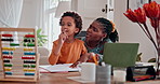 Homework, black family and mother with boy, learning and education with help and notebook. Parent, apartment and mama with kid or child development with knowledge and advice with guidance or thinking