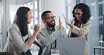 Happy, business people and high five with laptop for success, teamwork or winning at office. Group of excited employees touching hands with computer for promotion, bonus or achievement at workplace