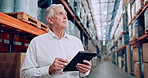 Tablet, warehouse and senior manager for stock, control and logistics for shipping or delivery. Supply chain, ecommerce and digital checklist for worker, engineer and technology for online shopping