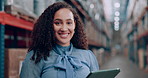 Face, happy woman and engineer in warehouse with tablet for logistics, distribution or stock on bokeh. Portrait, professional and employee in factory with tech for shipping or inventory in Portugal