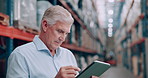 Tablet, reading and man in logistics warehouse checking information for order, stock or boxes. Thinking, research and senior male industry worker with digital technology in delivery storage room.