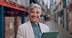 Tablet, logistics and face of woman in warehouse checking information for order, stock or boxes. Smile, research and portrait of mature female industry worker with digital technology in storage room.