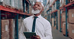 Tablet, thinking and man in logistics warehouse checking information for order, stock or boxes. Idea, research and senior African male industry worker with digital technology in storage room.