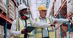 Men, warehouse and tablet for logistics teamwork or supply chain inventory or walking factory, ecommerce or production. Male people, coworkers and shipping storage or distribution, planning or export