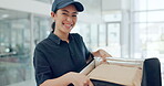 Food delivery, smile and portrait of employee with package for restaurant, order and online shopping industry. Happy, courier and bag with service for customer experience, distribution and ecommerce