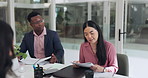 Meeting, business people and Asian woman in office with documents, paperwork or report for feedback. Corporate, diversity and men and women in discussion for planning, project review or collaboration