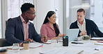 Laptop, clients and business people in meeting with documents, paperwork and project for feedback. Consulting, diversity and men and women in conversation for planning, research and collaboration