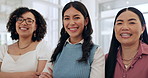 Collaboration, crossed arms and business women in office for teamwork, partnership and empowerment. Creative agency, professional and portrait of workers with confidence, pride and happy for career