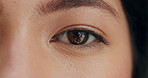 Portrait, eye and woman with vision, blink and prescription lens for sight, reflection and health. Optometry, eyesight and healthcare, face of girl with wellness, contact lenses and focus with iris