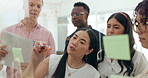 Business, planning and writing teamwork on glass board for problem solving a solution or project management in office. Staff, mentor and woman with strategy for goals on wall with notes in workplace