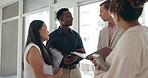 Business people, meeting and discussion with paperwork for proposal, project management and planning at office. Presentation strategy, communication and collaboration with schedule and diversity
