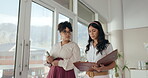 Businesswomen, talk or paper as business, teamwork and planning of executive team schedule. Women, colleague or document as office, collaboration or conversation for corporate project management