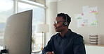 Call center, man and consultant with customer service for telemarketing, communication or hand gesture for assistance. African agent, employee or headset with microphone for advice or support at desk