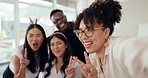 Happy, business people and peace sign with selfie for photography, picture or memory at office. Group portrait of excited employees with smile, emoji or blowing kiss for photo together at workplace