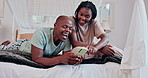 Home, bedroom and black couple with smartphone, relax and morning with meme and digital app. Apartment, morning or man with woman or cellphone with mobile user and funny with comedy video or internet