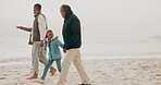 Beach, grandparents and parents holding hands with child in nature for holiday, vacation and adventure in winter. Family, travel and mother, father and kids for bonding, relationship and relax by sea