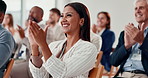 Applause, seminar and business people in office for meeting or company training with team. Trade show, diversity and professional staff audience clapping hands at corporate convention in workplace.