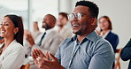 Clapping hands, convention and business people in office for team meeting or company training. Trade show, diversity and professional staff audience with applause at corporate seminar in workplace.