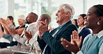 Clapping hands, tradeshow and business people in office for team meeting or company training. Seminar, diversity and professional staff audience with applause at corporate convention in workplace.