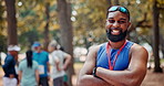 Face, happy man and confidence of runner at park for marathon, exercise or fitness in South Africa. Portrait, arms crossed and smile of athlete outdoor for healthy body, wellness or sports in nature