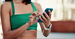 Phone, search and hands on fitness woman in city with online map, guide or checking running route for training closeup. Smartphone, google it or lady runner with app for travel, navigation or workout