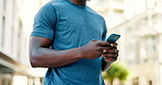 Phone, search and hands of fitness man in a city with online map, guide or checking running route for training closeup. Smartphone, google it or male runner with app for travel, navigation or workout