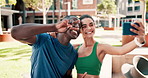 Selfie, fitness or couple in city with peace hands, love or energy, smile or emoji for photography. Profile picture, face and sports influencer people outdoor with content creation for health blog