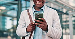 Businessman, smile or hands with phone in city commute to work or office on outdoor travel with news. Trip, employee or black man networking in urban area or Cape Town with message or notification